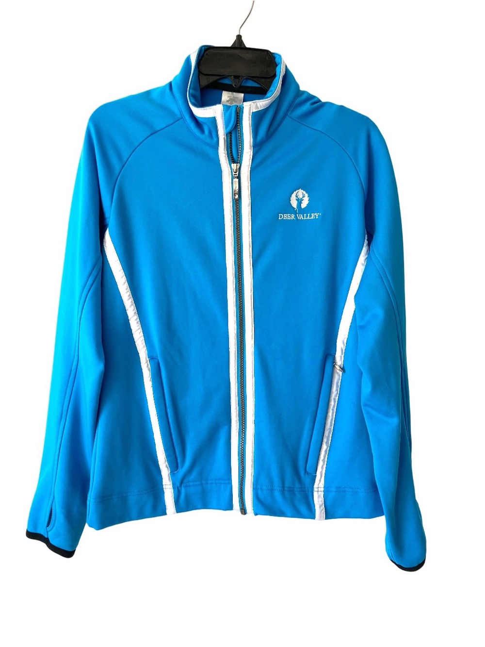 Descente Deer Valley Bright Blue Zip-Up Jacket White Trim Fleece Lined size 12